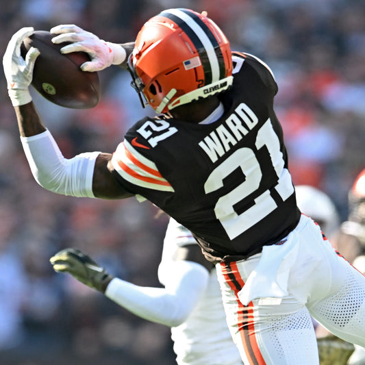 Denzel Ward GAME WORN/USED 10/01/23 💪 Cleveland Browns NFL Jersey 👕 vs. Baltimore Ravens Inc. PSA Authenticity 🛡️ + Jim Brown memorial Patch