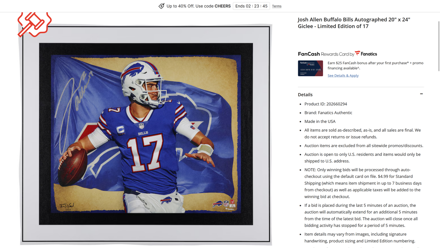 Josh Allen Hand-Signed✍️Buffalo Bills🦬20" x 24" NFL Canvas Giclee Limited Edition of 17