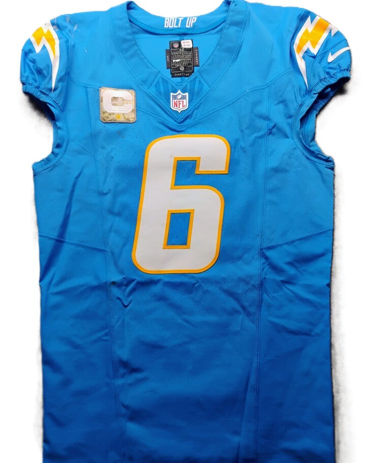 Denzel Perryman GAME-WORNšŖ11/10/24 Los Angeles Chargersā”NFL Jersey vs. Tennessee Titans (Salute 2 Service game)