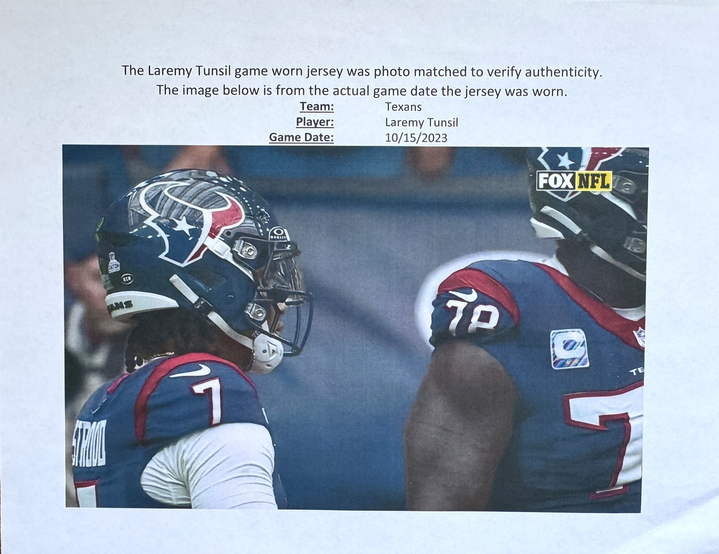 Laremy Tunsil GAME WORN 💪 10/15/2023 PHOTO MATCHED 📸 Houston Texans Nike NFL Jersey🎽 vs. New Orleans Saints (Crucial Catch Game)