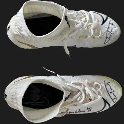 Justin Tucker Signed ✍️ + Inscribed GAME WORN 💪 NFL Cleats 👟 21-22 Season Baltimore Ravens 💜 Also includes COA 🛡️
