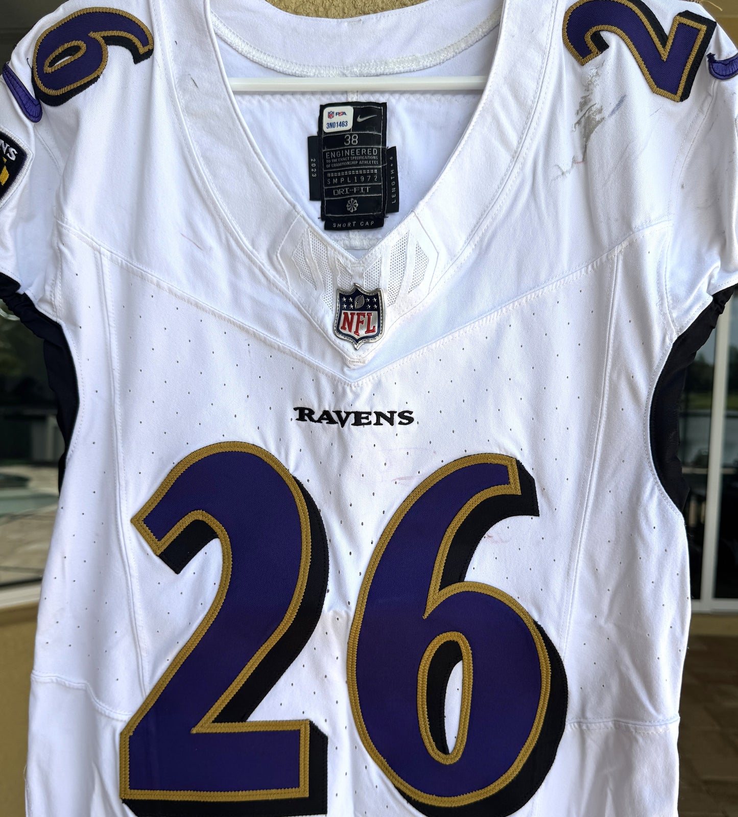 Geno Stone GAME WORN💪(10/15/2023) On-Field Baltimore Ravens💜NFL Jersey 🌍vs. the Titans