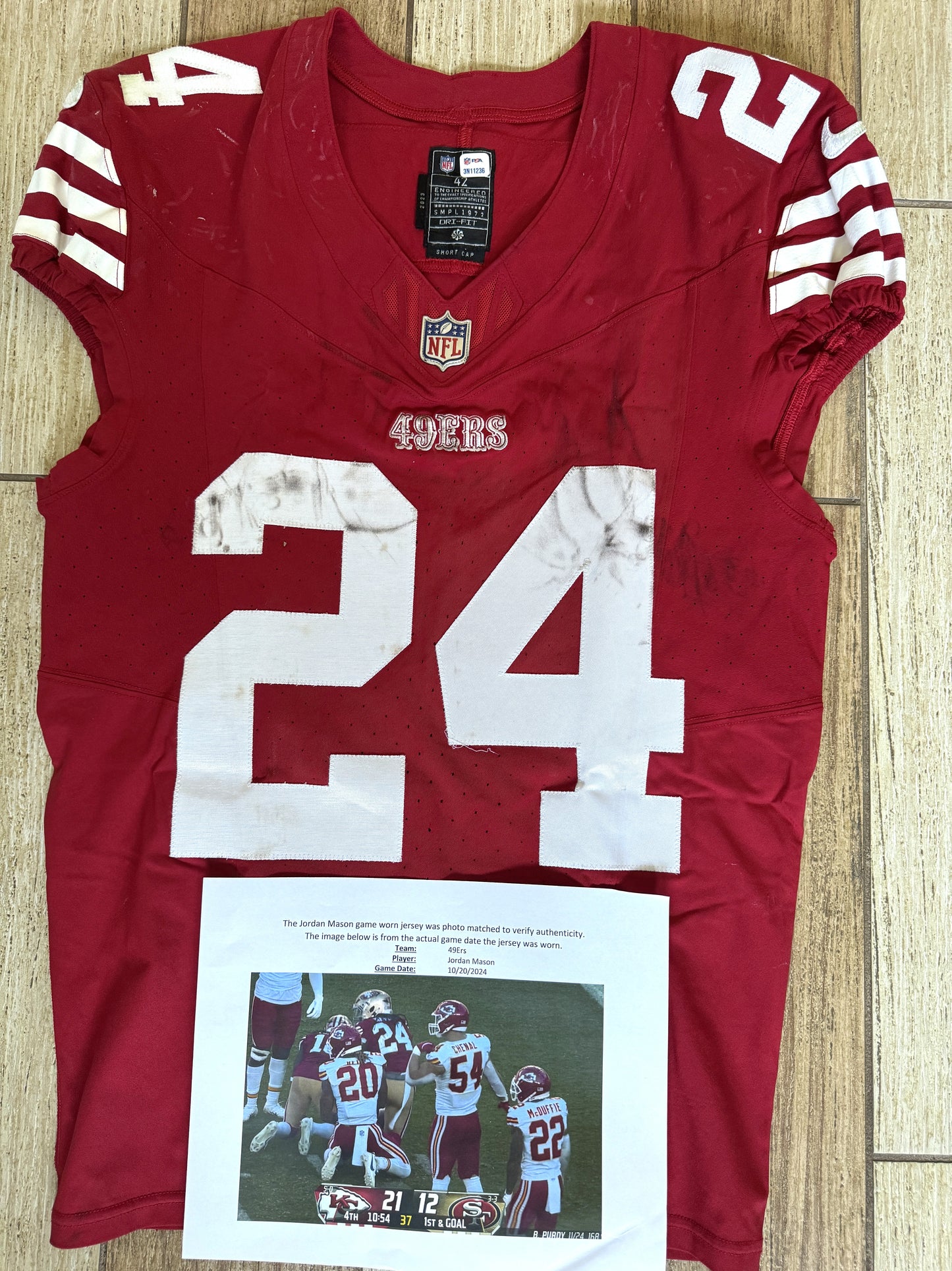 Jordan Mason GAME WORN 10/20/24 PHOTO MATCHED 📸 San Francisco 49ers NFL Jersey 👕 vs Kansas City Chiefs Also includes PSA COA 🛡️