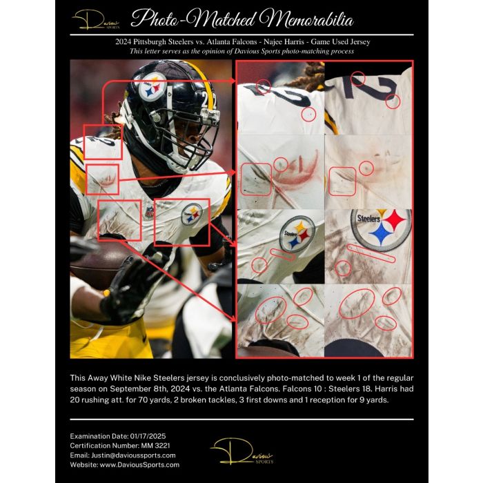 Najee Harris GAME WORN💪09/08/24 PHOTO MATCHED📸Steelers NFL Jersey👕Inc.COA💥