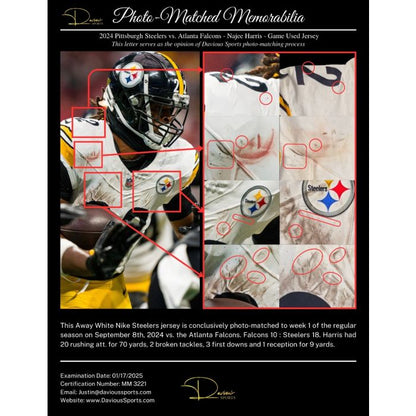 Najee Harris GAME WORN💪09/08/24 PHOTO MATCHED📸Steelers NFL Jersey👕Inc.COA💥