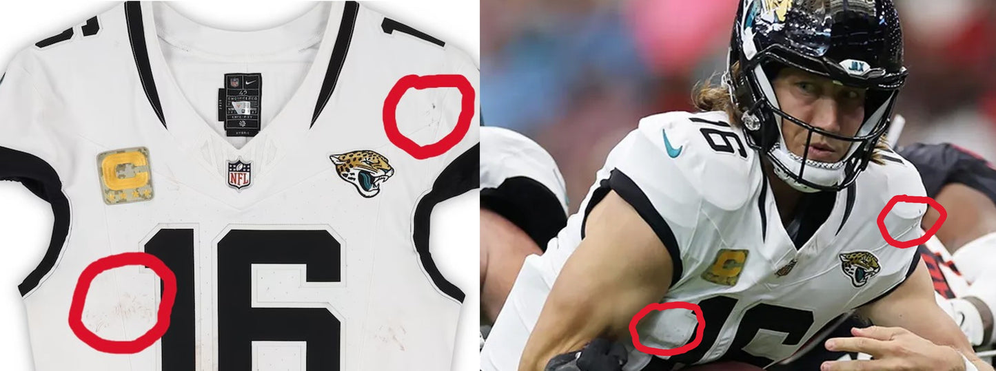 Trevor Lawrence GAME WORN 11/09/25 PHOTO MATCHED Jacksonville Jaguars Nike NFL Jersey vs Houston Texans Also includes Fanatics COA