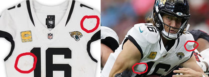 Trevor Lawrence GAME WORN 11/09/25 PHOTO MATCHED Jacksonville Jaguars Nike NFL Jersey vs Houston Texans Also includes Fanatics COA