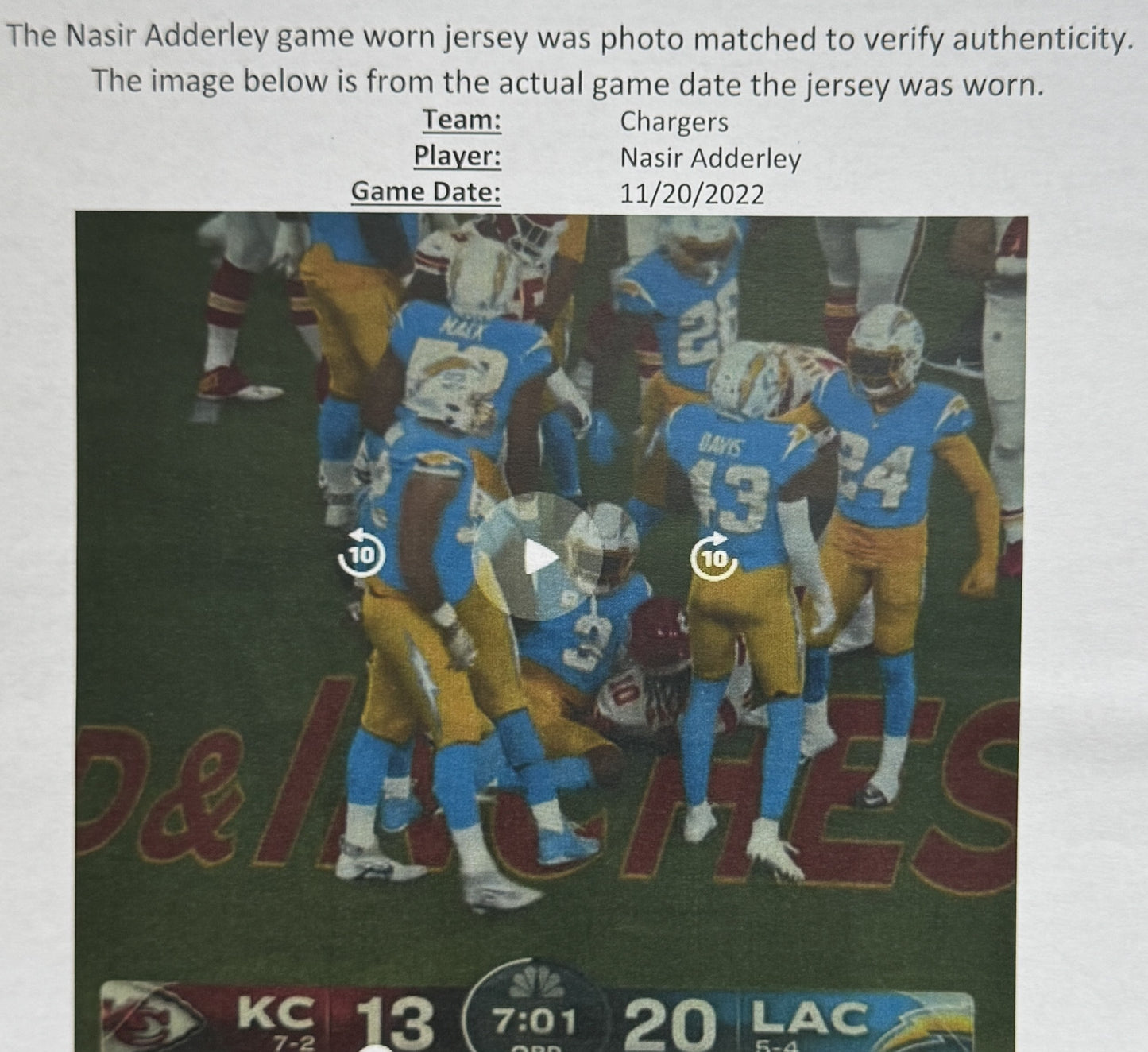 Nasir Adderley GAME-WORN🦾11/20/22 PHOTO MATCHED📸Los Angeles Chargers NFL Jersey 👕PSA🏆vs. Kansas City Chiefs