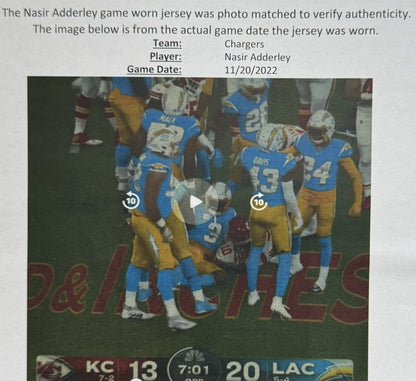 Nasir Adderley GAME-WORN🦾11/20/22 PHOTO MATCHED📸Los Angeles Chargers NFL Jersey 👕PSA🏆vs. Kansas City Chiefs
