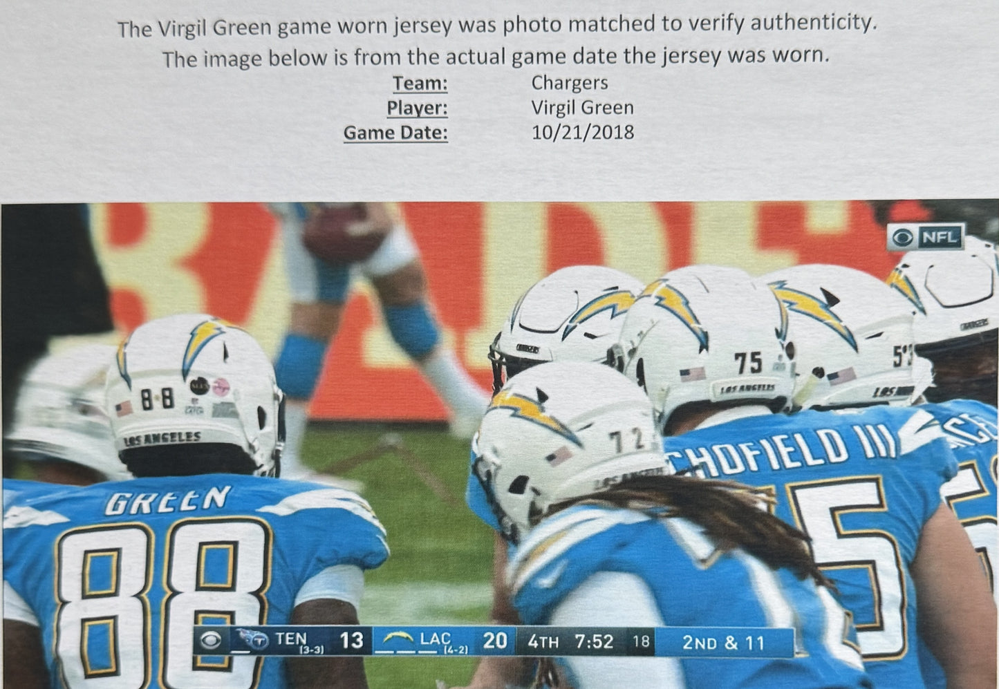 Virgil Green GAME-WORN💪10/21/18 PHOTO MATCHED📸Los Angeles Chargers NFL Jersey🎽vs. Titans London Game inc. PSA COA