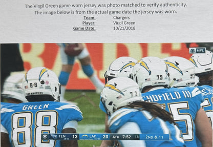 Virgil Green GAME-WORN💪10/21/18 PHOTO MATCHED📸Los Angeles Chargers NFL Jersey🎽vs. Titans London Game inc. PSA COA