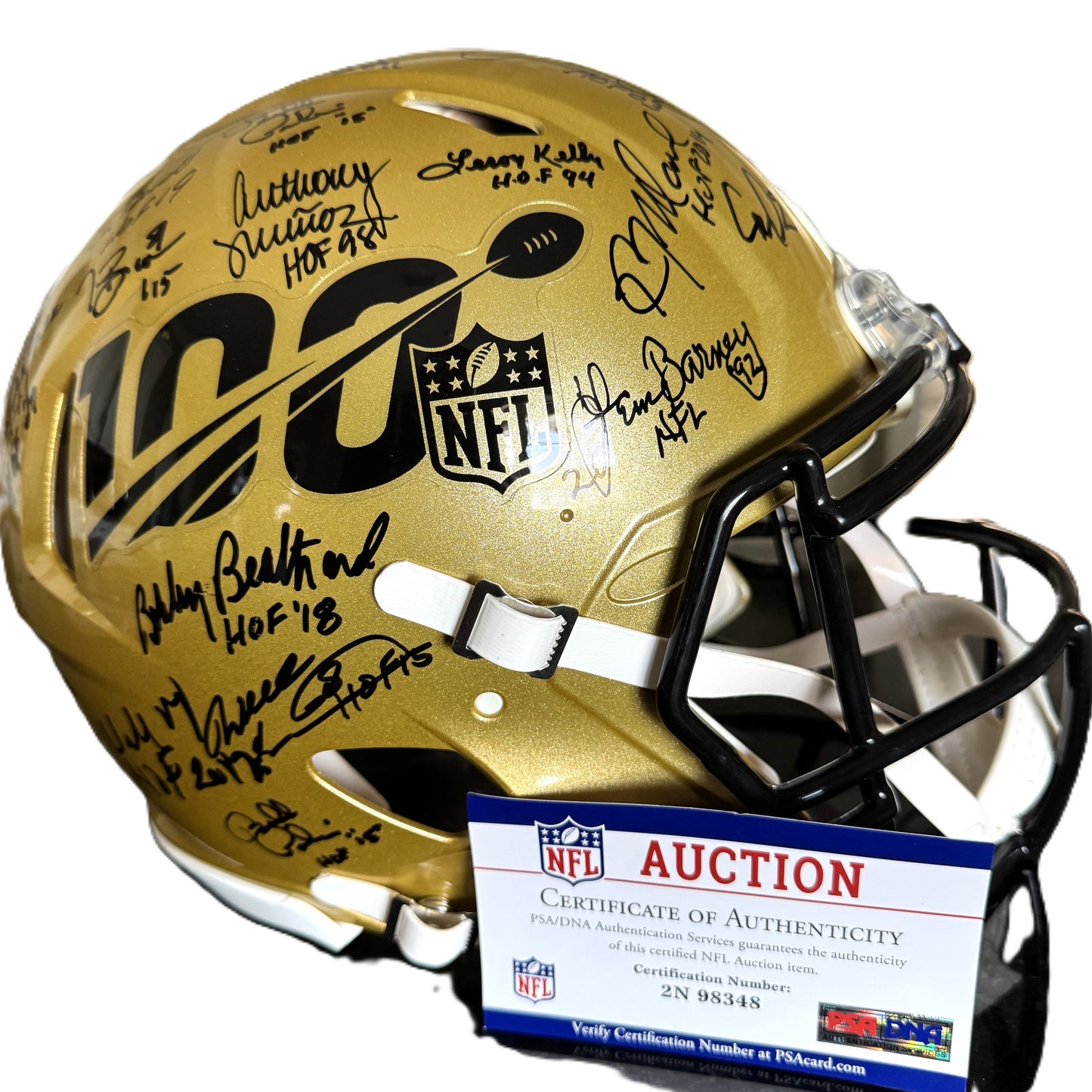 Multi Signed over 25 signatures ✍️ Gold 🟡 100th 💯 Season Authentic Full-size Speed NFL Helmet ✨ with PSA 🛡️Authenticity 🖊️Tony Dungy Mel Renfro Tim Brown Bobby Beathard Anthony Muñoz