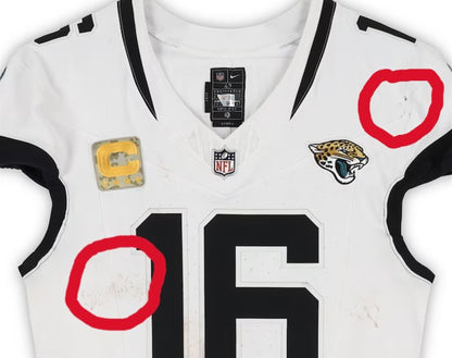 Trevor Lawrence GAME WORN 11/09/25 PHOTO MATCHED Jacksonville Jaguars Nike NFL Jersey vs Houston Texans Also includes Fanatics COA