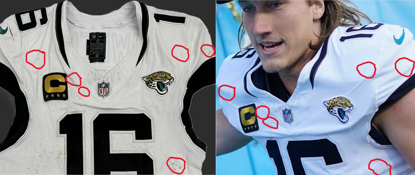 Trevor Lawrence GAME WORN 11/30/25 PHOTO MATCHED 📸 Jacksonville Jaguars NFL Jersey vs Tennessee Titans Also includes COA