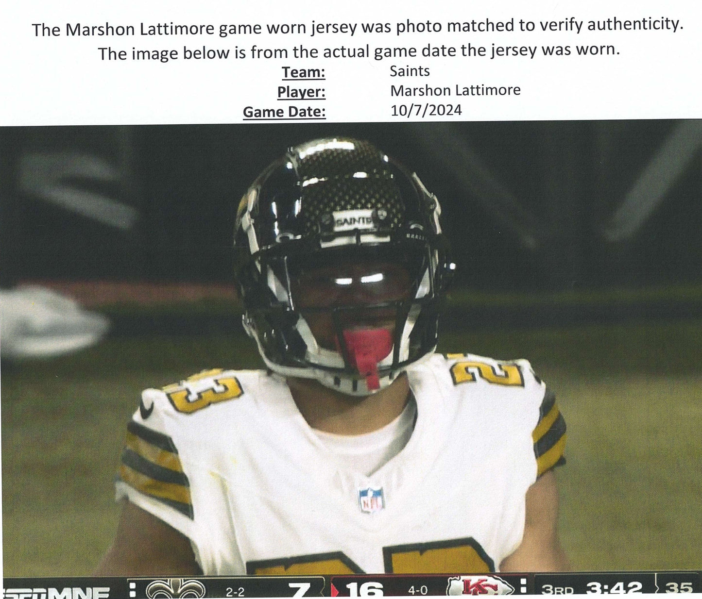 Marshon Lattimore GAME WORN 💪 10/07/24 PHOTO MATCHED 📸 New Orleans Saints ⚜️ Nike NFL Jersey🎽 vs. Kansas City Chiefs - PSA Authenticated 🛡️