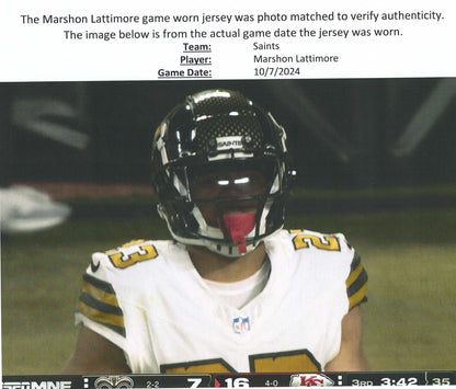 Marshon Lattimore GAME WORN 💪 10/07/24 PHOTO MATCHED 📸 New Orleans Saints ⚜️ Nike NFL Jersey🎽 vs. Kansas City Chiefs - PSA Authenticated 🛡️