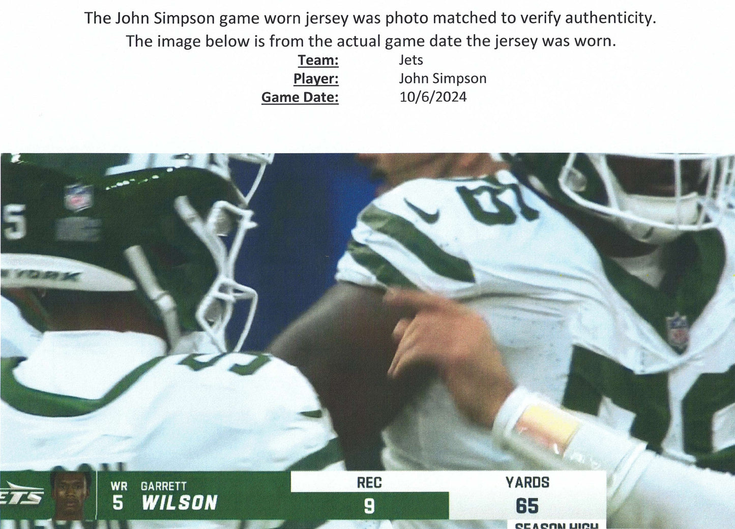 John Simpson GAME USED 💪 10/06/2024 PHOTO MATCHED 📸 New York Jets Nike NFL Jersey 👕vs. Minnesota Vikings in London 🌍 Also includes PSA Authenticity🛡️