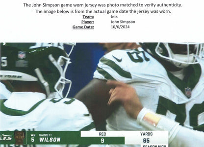 John Simpson GAME USED 💪 10/06/2024 PHOTO MATCHED 📸 New York Jets Nike NFL Jersey 👕vs. Minnesota Vikings in London 🌍 Also includes PSA Authenticity🛡️