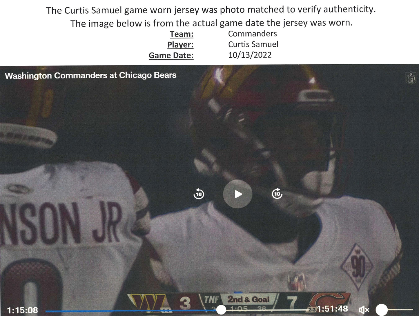 Curtis Samuel GAME WORN💪10/13/22 PHOTO MATCHED📸Commanders NFL Jersey vs.Chicago Bears (Crucial Catch Game)