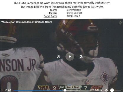 Curtis Samuel GAME WORN💪10/13/22 PHOTO MATCHED📸Commanders NFL Jersey vs.Chicago Bears (Crucial Catch Game)