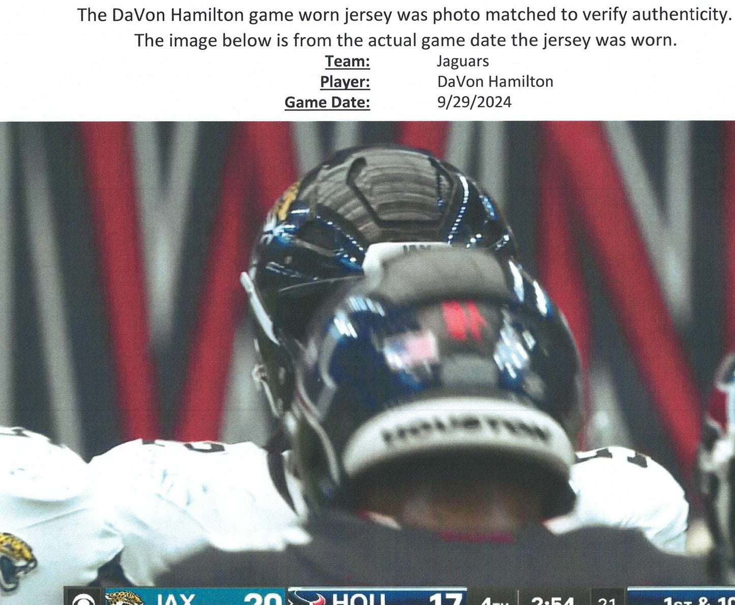 DaVon Hamilton GAME USED 💪 09/29/24 PHOTO MATCHED 📸 Jacksonville Jaguars 🐆Nike NFL Jersey👕inc. PSA COA 🛡️ vs. Houston Texans