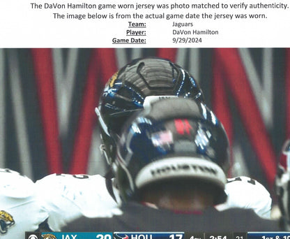 DaVon Hamilton GAME USED 💪 09/29/24 PHOTO MATCHED 📸 Jacksonville Jaguars 🐆Nike NFL Jersey👕inc. PSA COA 🛡️ vs. Houston Texans