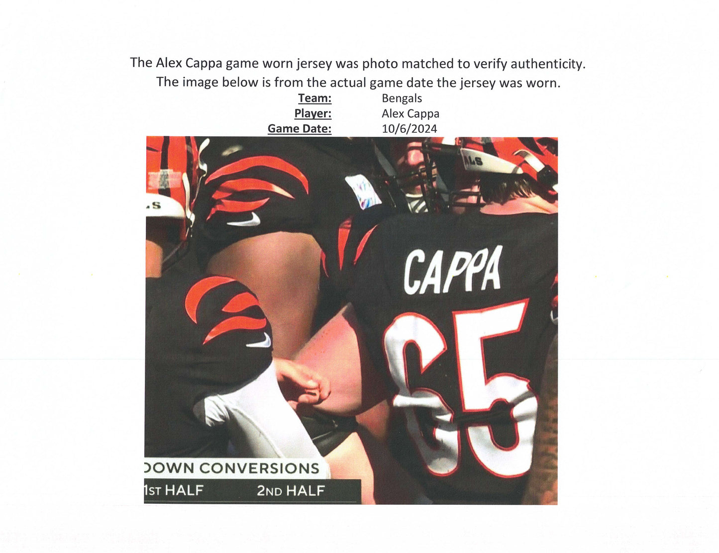 Alex Cappa GAME WORN💪10/06/24 Cincinnati Bengals🐅vs.Baltimore Ravens NFL Jersey👕Includes COA