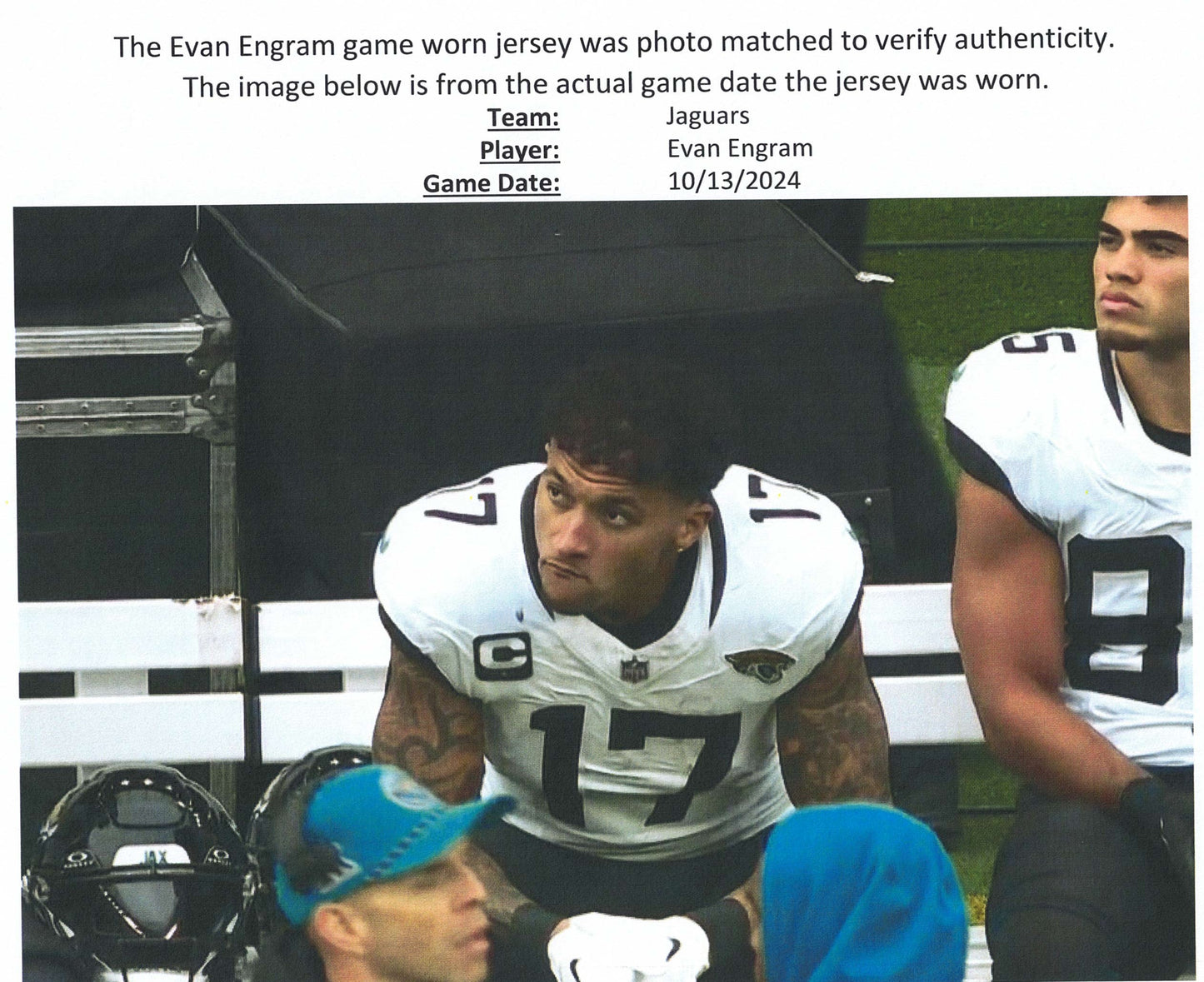 Evan Engram GAME USED 💪 10/13/24 PHOTO MATCHED 📸 Jacksonville Jaguars 🐆 Nike NFL On-Field Jersey👕 vs. Chicago Bears (London Game) 🌍