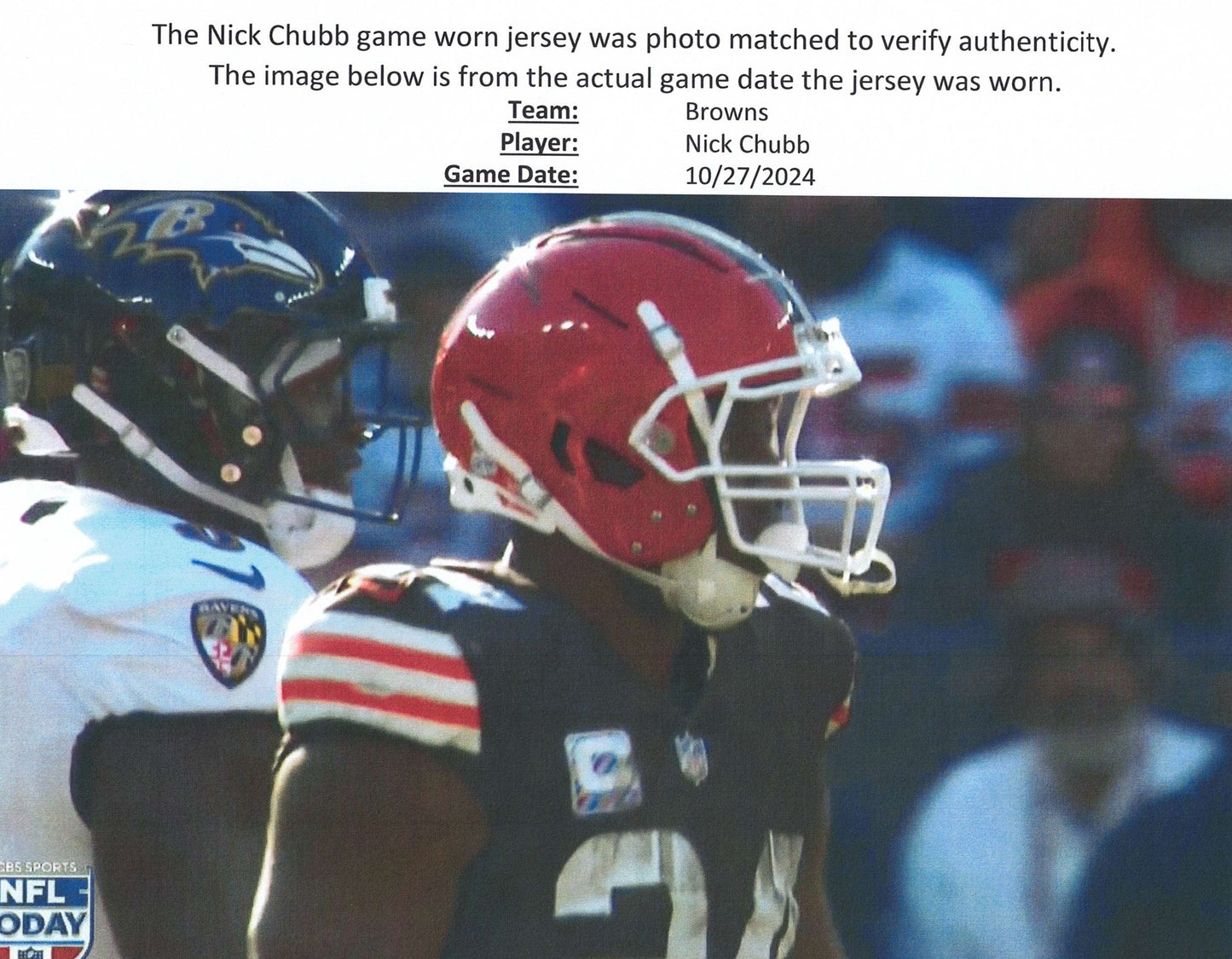 Nick Chubb GAME WORN/USED 10/27/24 💪 PHOTO-MATCHED 📸 Cleveland Browns On-Field NFL Jersey 👕 vs. Baltimore Ravens Also includes Professional Sports Authenticator (PSA)