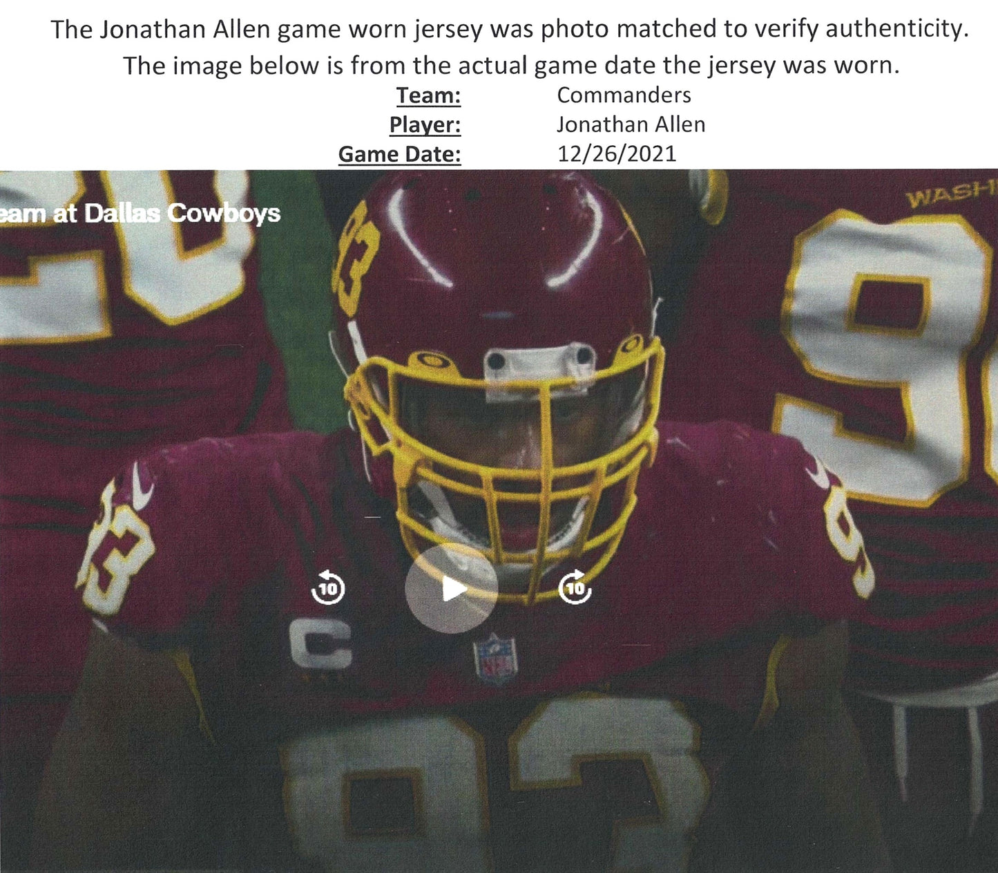 Jonathan Allen GAME-WORN & PHOTO-MATCHED Jersey Washington Commanders | 12/26/21 vs. Cowboys (Salute to Service Game) | PSA Certified | Size 44