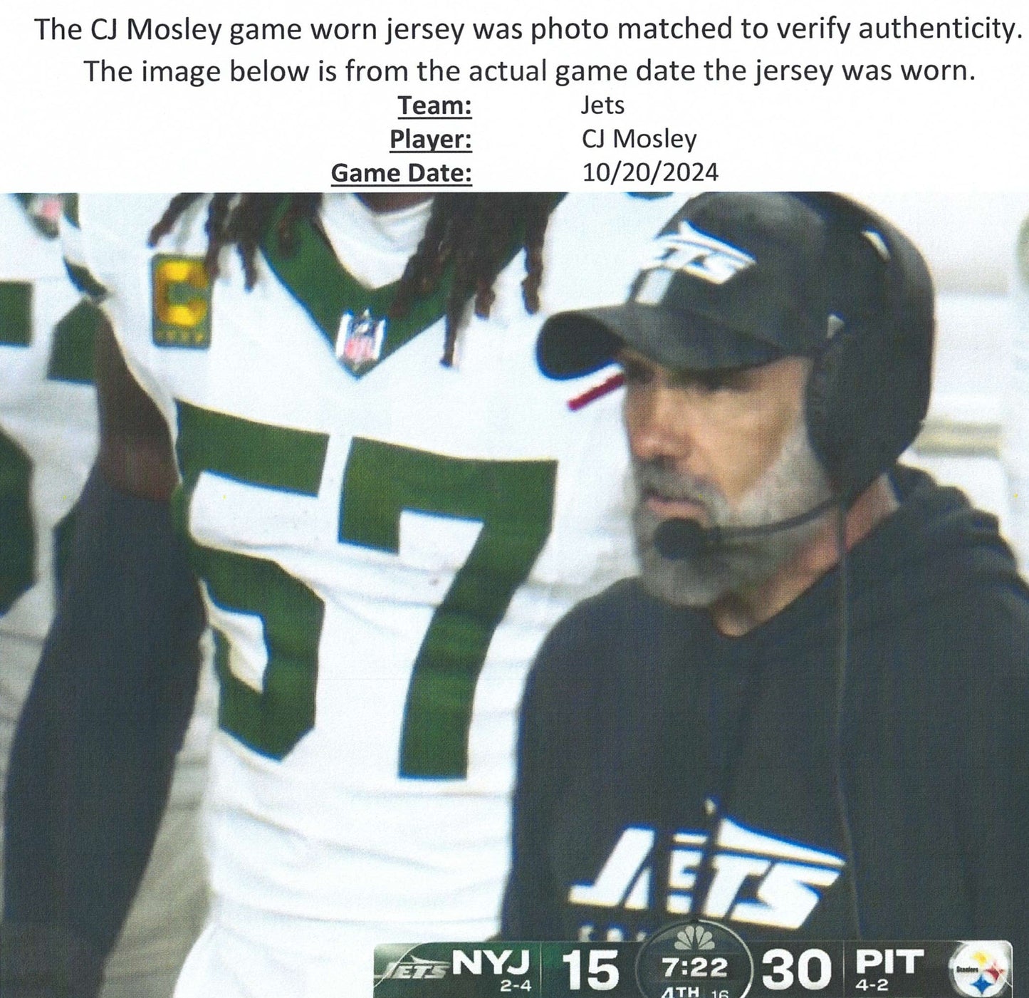 C.J. Mosley GAME USED 💪 10/20/2024 PHOTO MATCHED 📸 New York Jets NFL Nike Jersey👕Inc. PSA COA📄