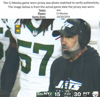C.J. Mosley GAME USED 💪 10/20/2024 PHOTO MATCHED 📸 New York Jets NFL Nike Jersey👕Inc. PSA COA📄