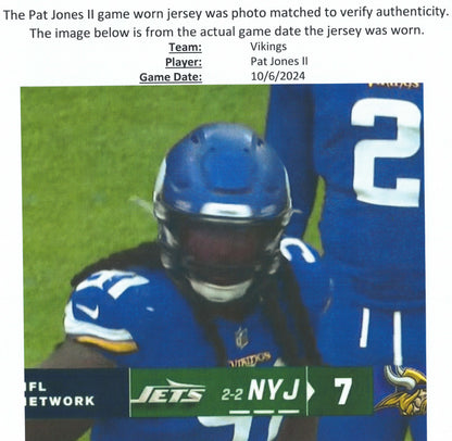 Pat Jones II GAME USED 10/06/24 PHOTO MATCHED 📸 Minnesota Vikings 👕 Jersey vs. New York Jets London Game ✅ Inc. PSA Authenticity
