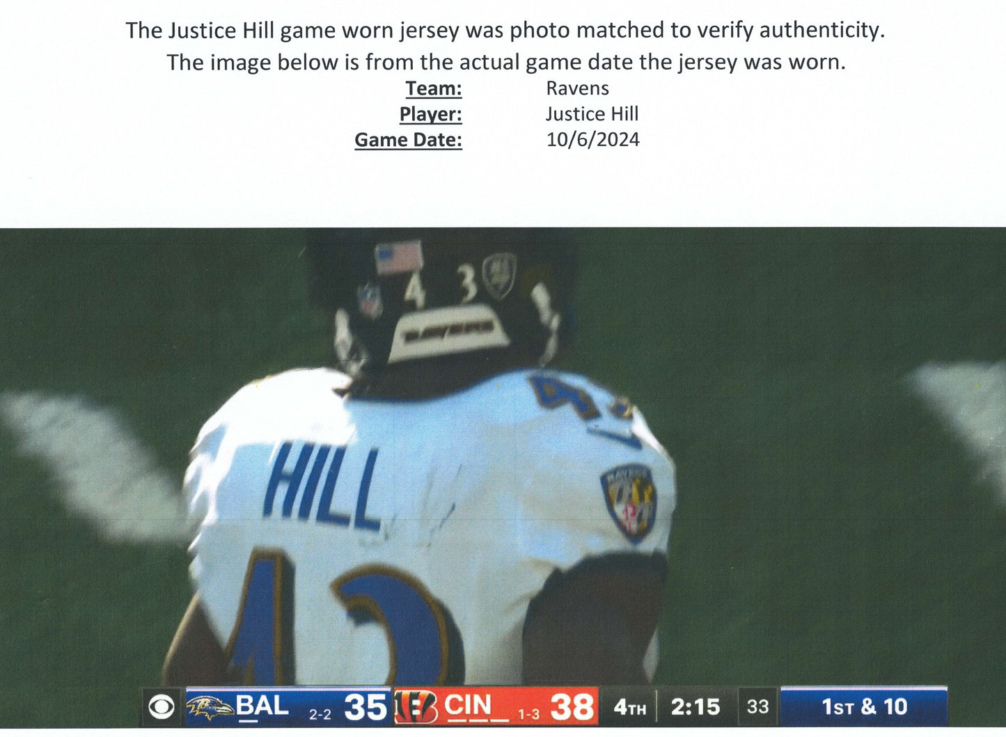 Justice Hill GAME-WORN💪10/06/24 PHOTO-MATCHED📸Baltimore Ravens💜NFL Jersey vs. Bengals