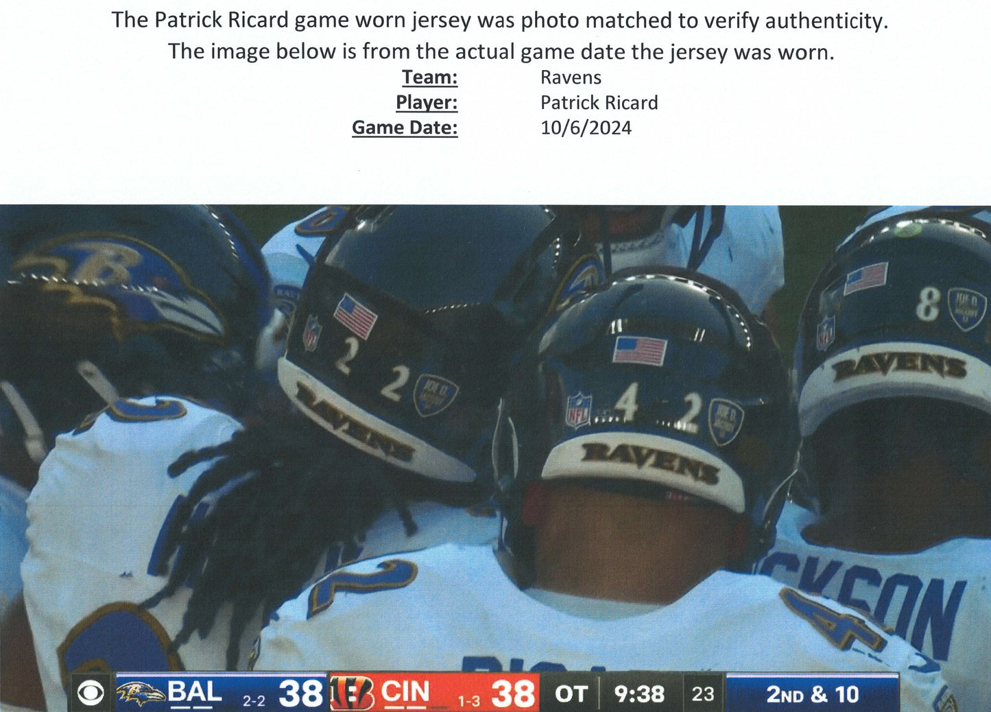 Patrick Ricard GAME-WORN💪10/06/24 PHOTO-MATCHED📸Baltimore Ravens💜NFL Jersey victory vs.Bengals