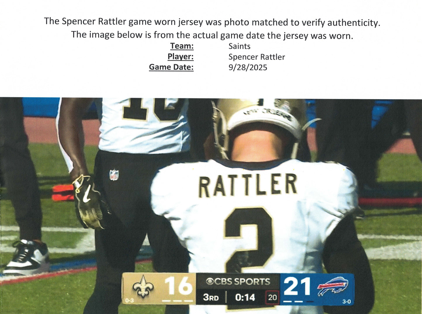 Spencer Rattler GAME WORN 09/28/25 New Orleans Saints ⚜️ Nike NFL Jersey vs Bills Includes PSA Authenticity 🛡️