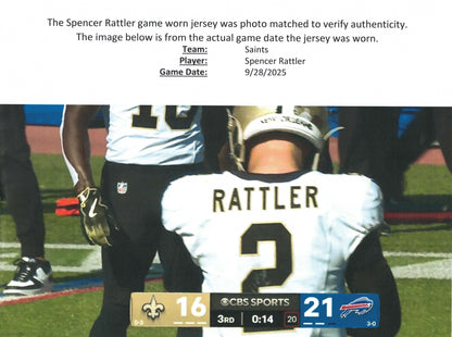 Spencer Rattler GAME WORN 09/28/25 New Orleans Saints ⚜️ Nike NFL Jersey vs Bills Includes PSA Authenticity 🛡️