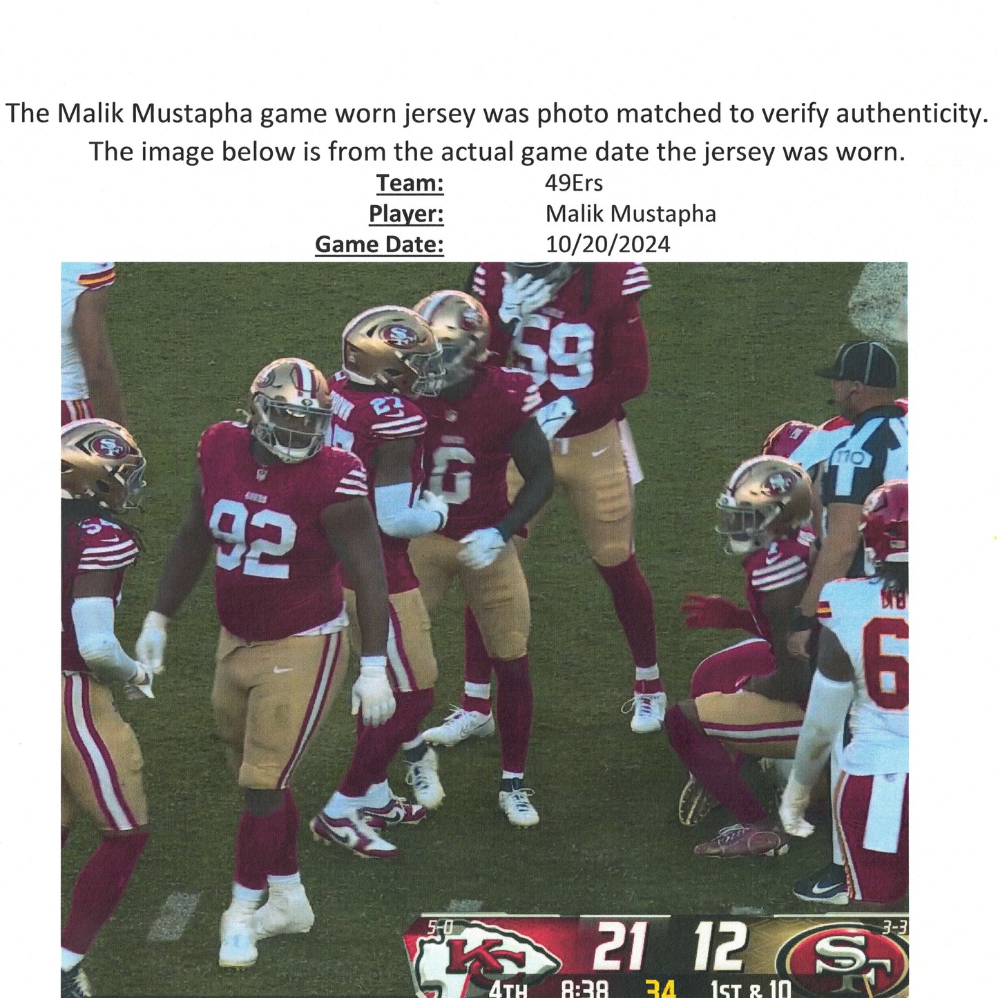 Malik Mustapha GAME WORN 10/20/24 PHOTO MATCHED 📸 San Francisco 49ers NFL Jersey vs Kansas City Chiefs Also includes PSA COA 🛡️