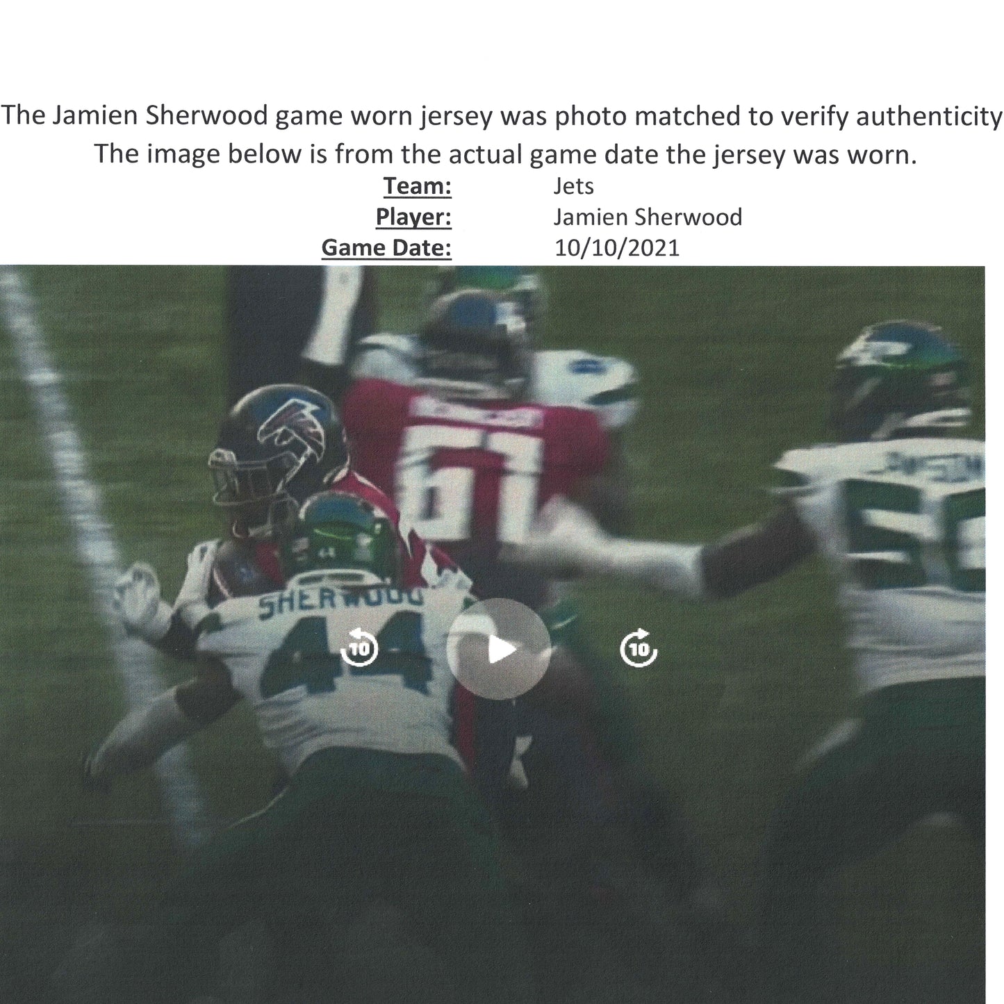 Jamien Sherwood GAME WORN 10/10/21 PHOTO MATCHED 📸 New York Jets NFL Jersey vs Atlanta Falcons Also includes PSA COA 🛡️