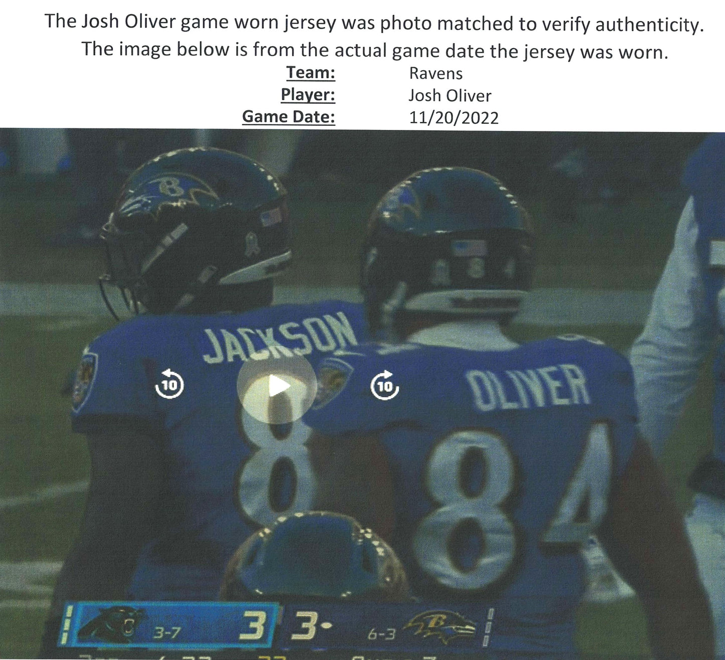 Josh Oliver GAME WORN💪11/20/22 Ravens💜vs. Panthers🐾On-Field NFL Nike Jersey Worn during the November 20, 2022 victory vs. Carolina Panthers