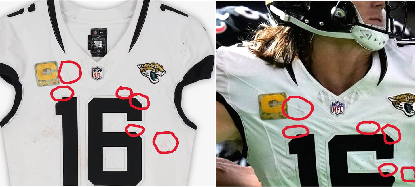 Trevor Lawrence GAME WORN 11/09/25 PHOTO MATCHED Jacksonville Jaguars Nike NFL Jersey vs Houston Texans Also includes Fanatics COA
