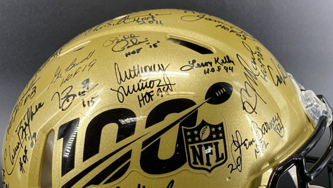 Multi Signed over 25 signatures ✍️ Gold 🟡 100th 💯 Season Authentic Full-size Speed NFL Helmet ✨ with PSA 🛡️Authenticity 🖊️Tony Dungy Mel Renfro Tim Brown Bobby Beathard Anthony Muñoz