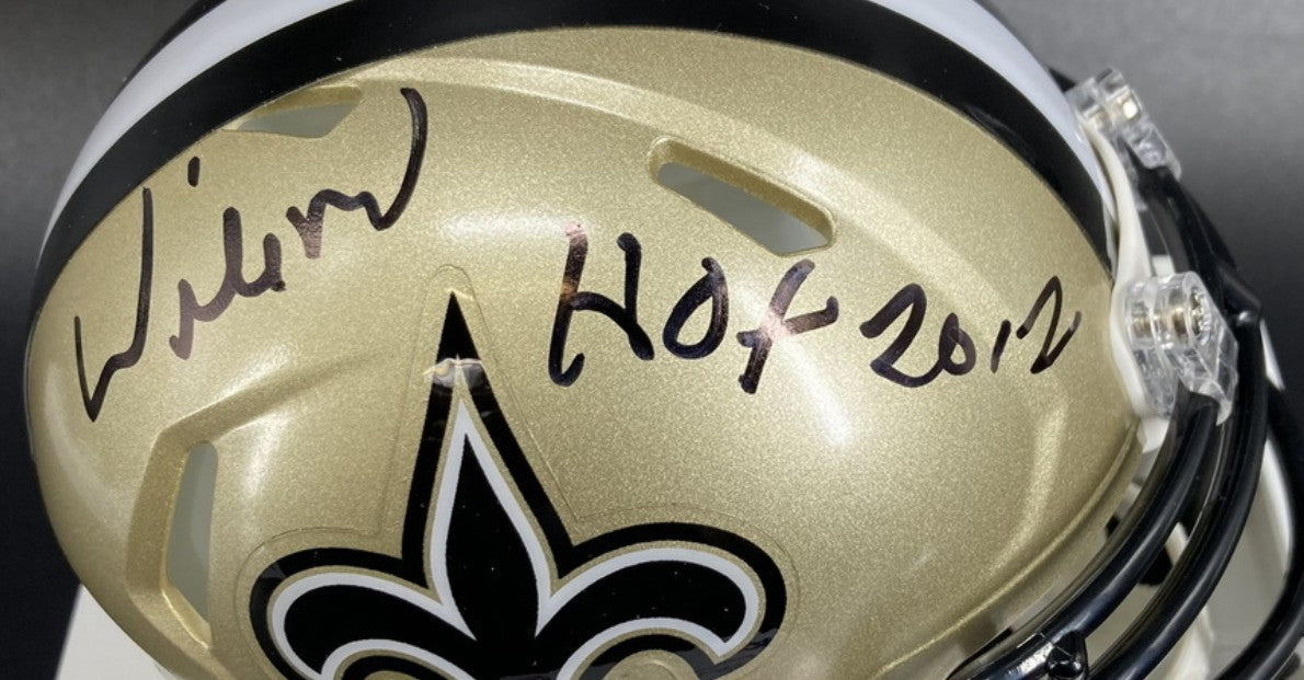 Willie Roaf Hand Signed ✍️ New Orleans Saints⚜️Replica Slate Speed Mini Helmet with "HOF 12" Inscription 🏈 Also includes PSA COA 🛡️
