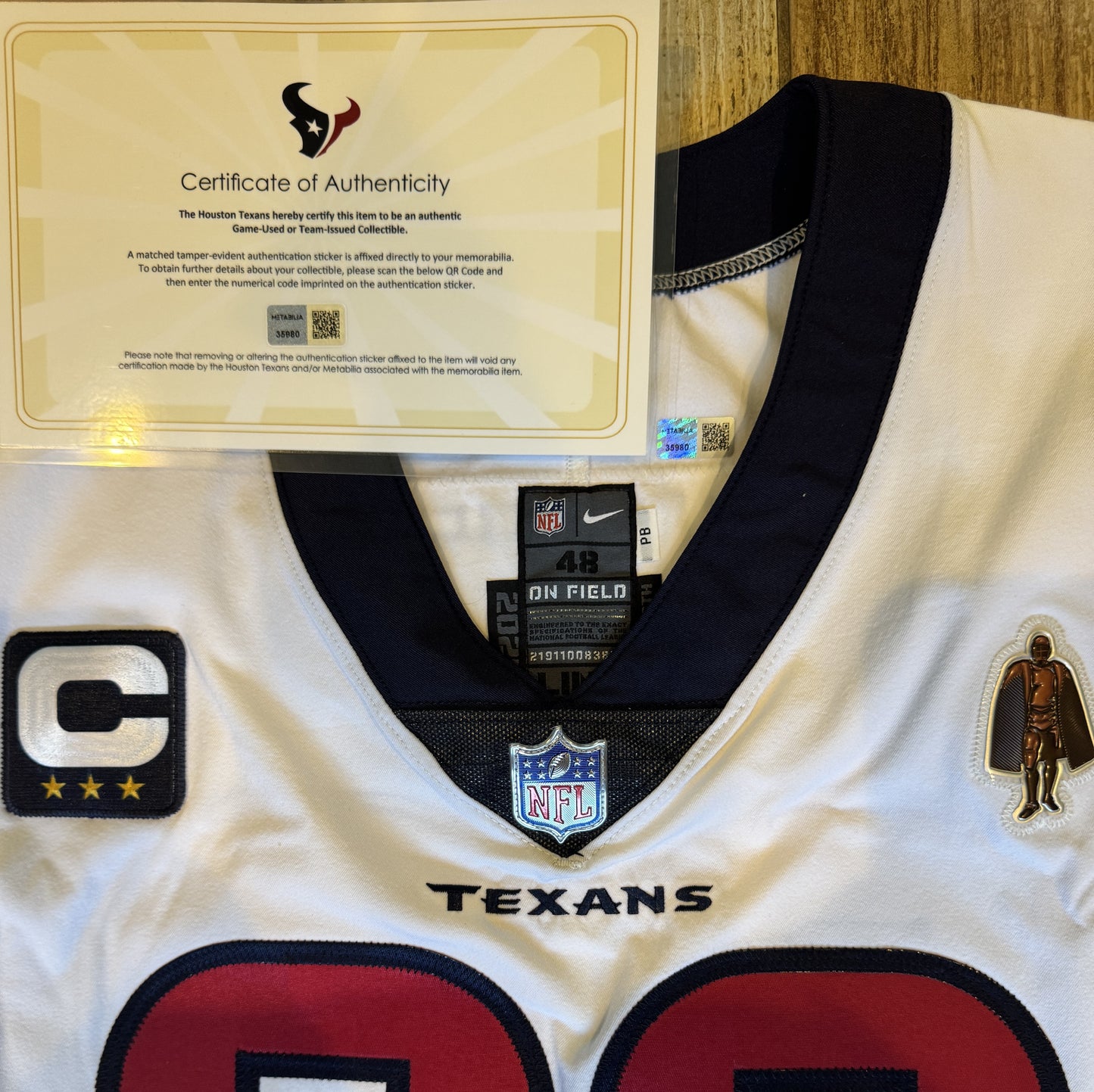 J.J. Watt 💯 GAME ISSUED 💪 Houston Texans On-Field Nike NFL Jersey 👕 Also includes COA 🛡️ & Walter Payton NFL Man of the Year Patch