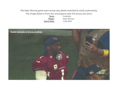 Kyler Murray GAME WORN 11/06/22 PHOTO MATCHED Arizona Cardinals NFL Jersey vs Seattle Seahawk Also includes PSA COA