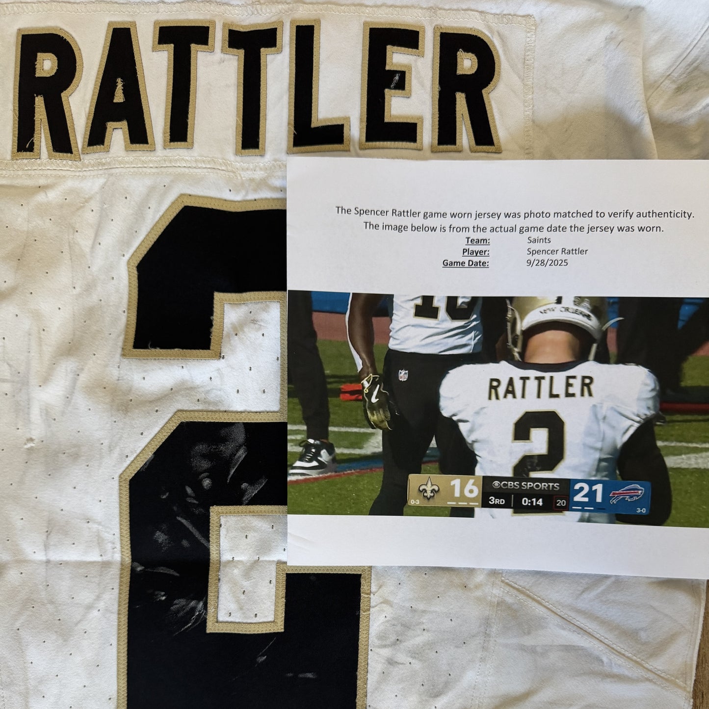 Spencer Rattler GAME WORN 09/28/25 New Orleans Saints ⚜️ Nike NFL Jersey vs Bills Includes PSA Authenticity 🛡️