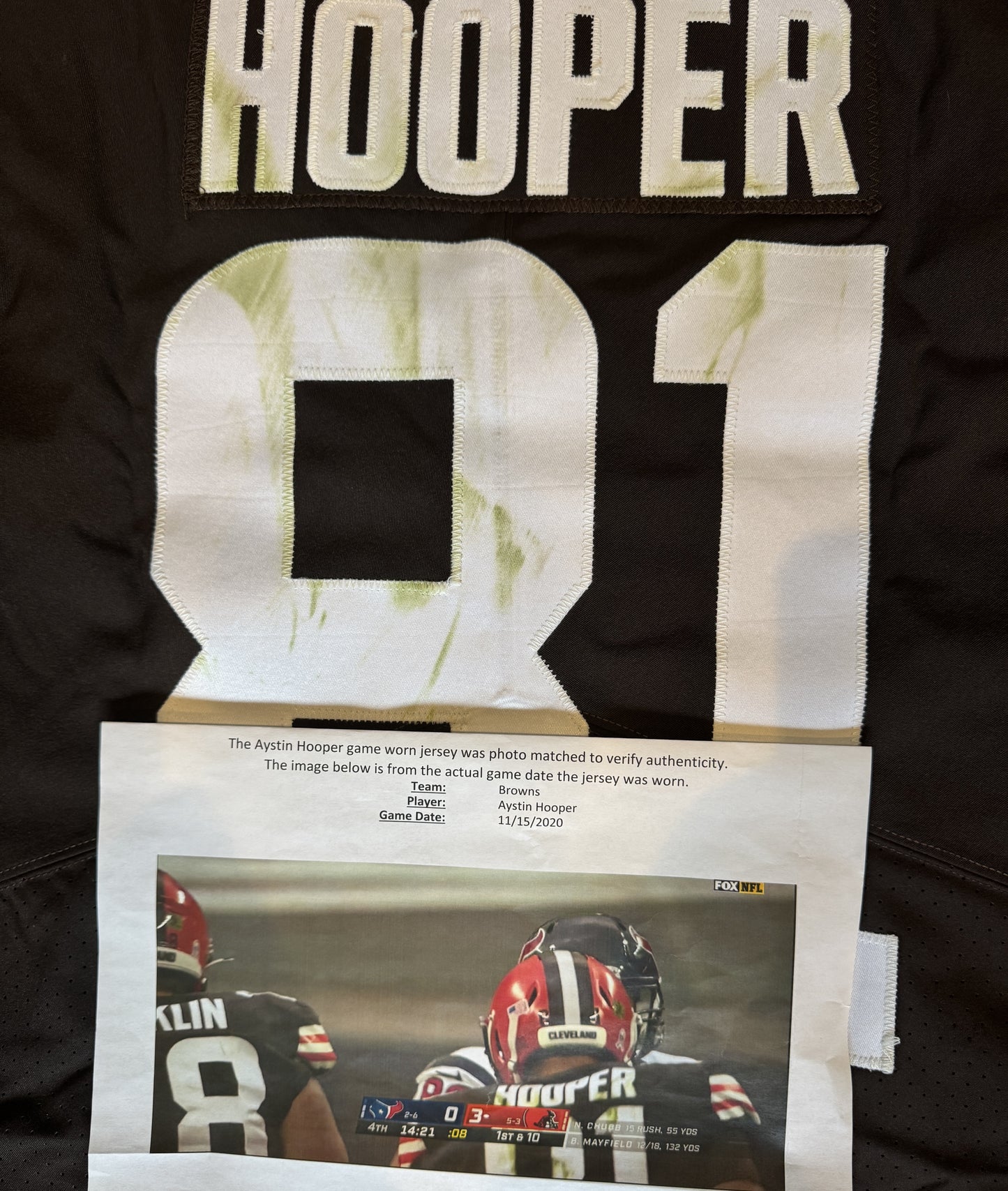 Austin Hooper GAME-WORN 11/15/20💪PHOTO-MATCHED📸Cleveland Browns NFL Jersey👕vs. Houston Texans