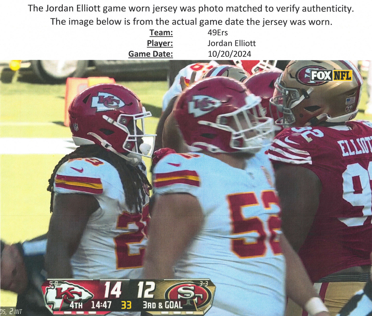 Jordan Elliott GAME USED💪10/20/24 PHOTO MATCHED📸San Francisco 49ers Jersey👕vs Kansas City Chiefs Special Crucial Catch Matchup