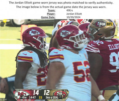 Jordan Elliott GAME USED💪10/20/24 PHOTO MATCHED📸San Francisco 49ers Jersey👕vs Kansas City Chiefs Special Crucial Catch Matchup