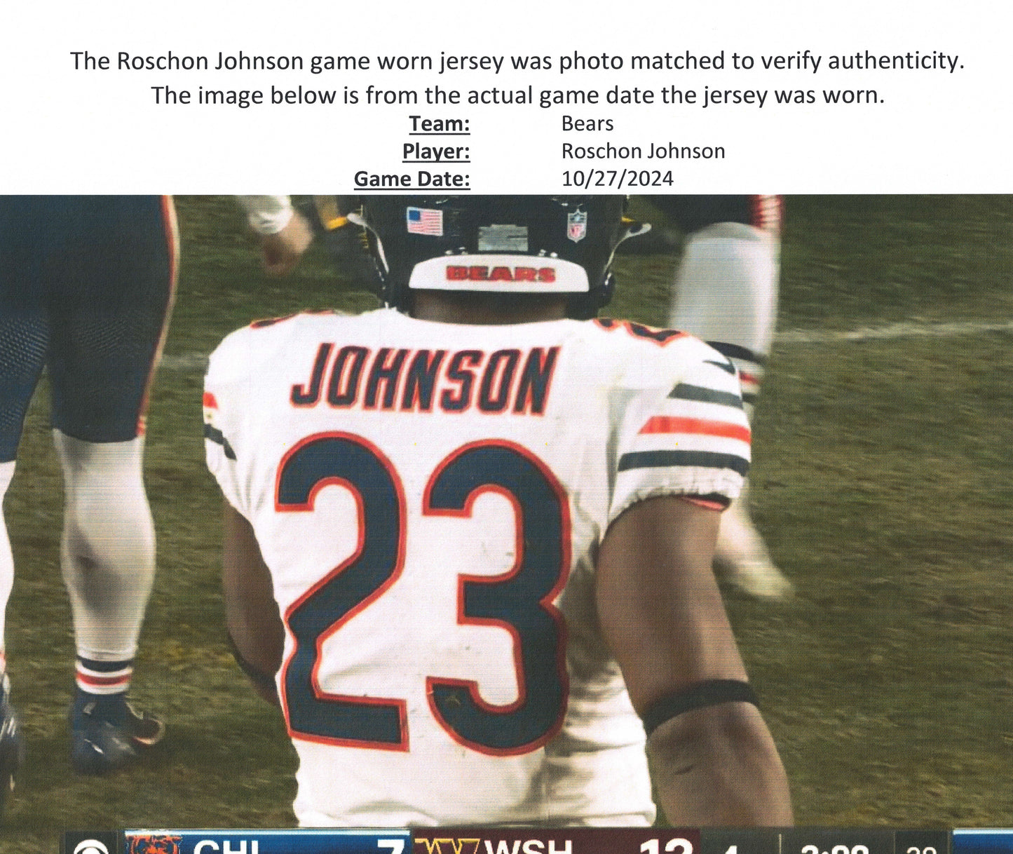 Roschon Johnson GAME WORN 10/27/24 PHOTO MATCHED Chicago Bears Nike NFL Jersey vs Washington Commanders Also includes COA 🛡️